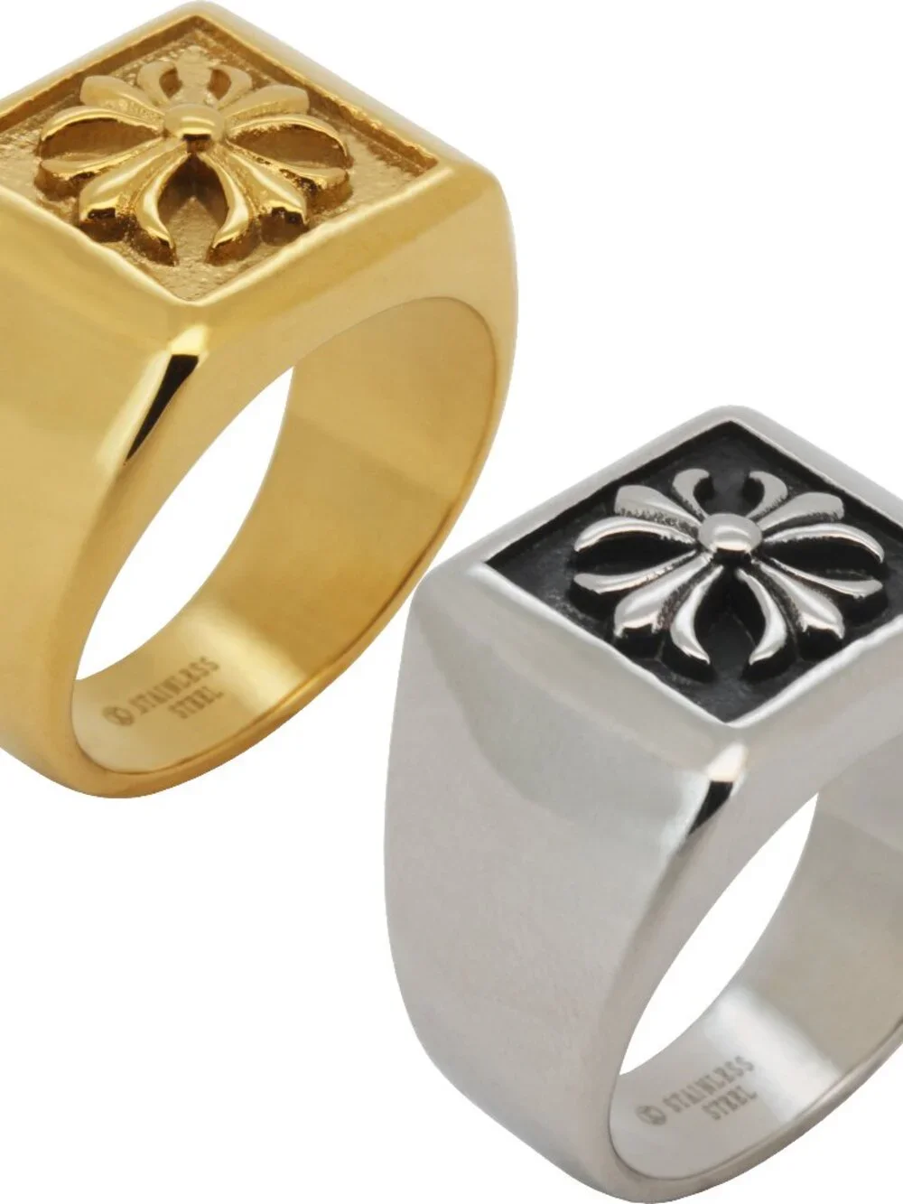 316L Stainless Steel 18k Yellow Gold Plated Flared Cross Signet Ring